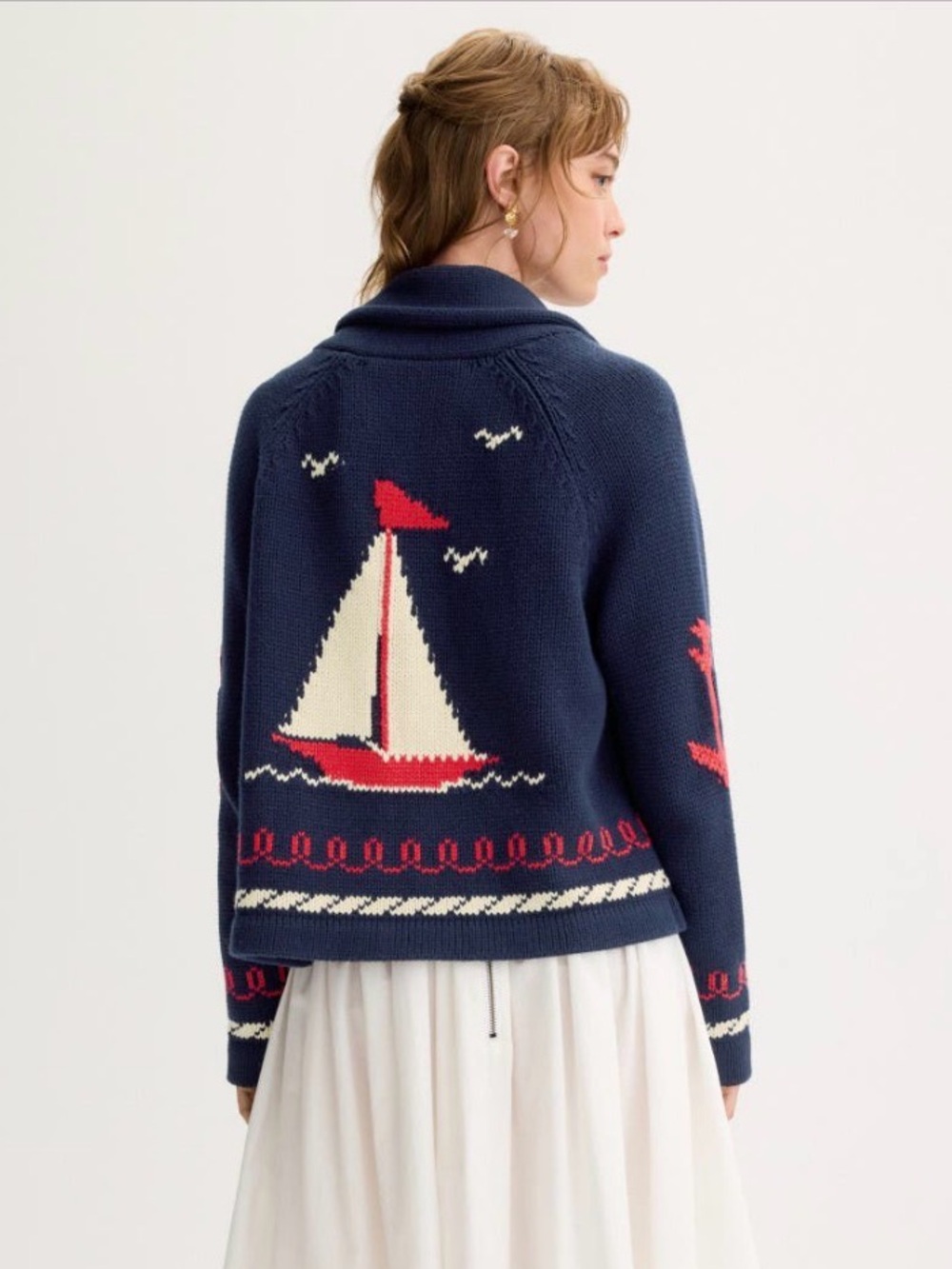 THE GREAT. Navy Sailboat Lodge Knit Cardigan with Cream and Red Accents - Picture 4 of 6